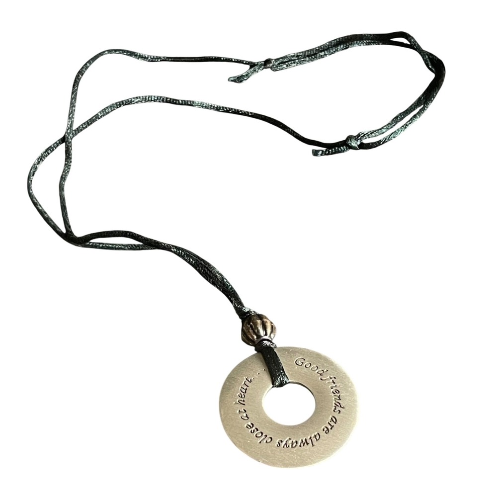 Good Friends Are Always Close At Heart Silver Tone Washer Pendant Cord Necklace